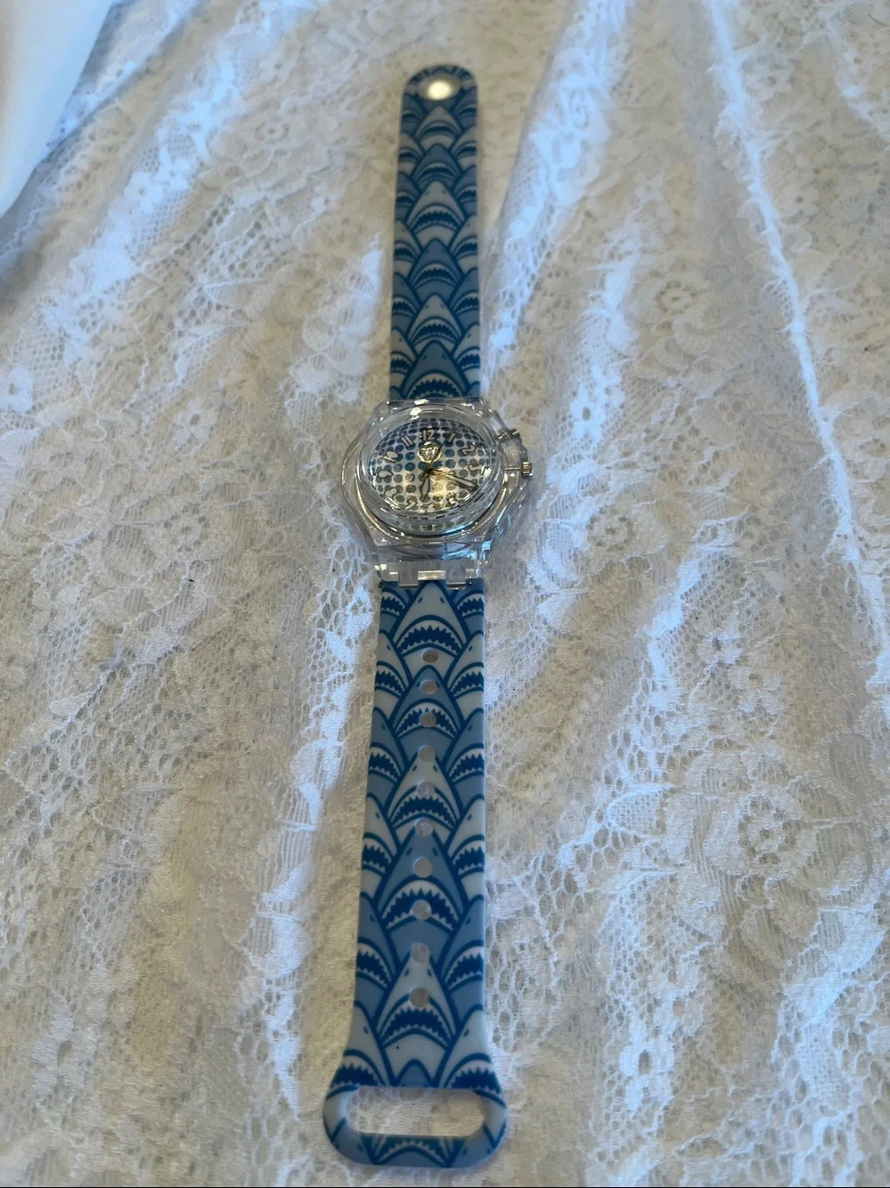 GLO Clear Case Watch with White and blue shark Strap and Silver Back